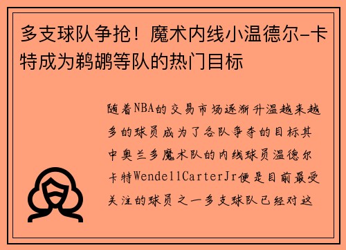 多支球队争抢！魔术内线小温德尔-卡特成为鹈鹕等队的热门目标