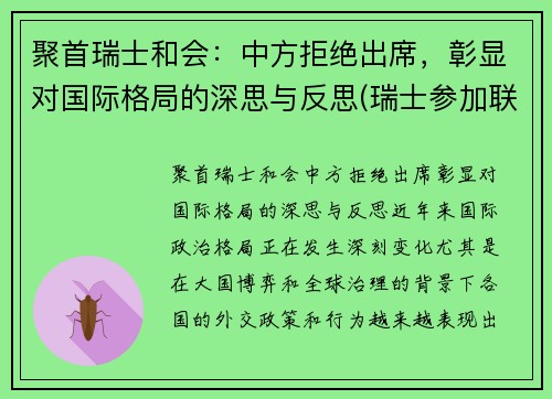 聚首瑞士和会：中方拒绝出席，彰显对国际格局的深思与反思(瑞士参加联合国了吗)